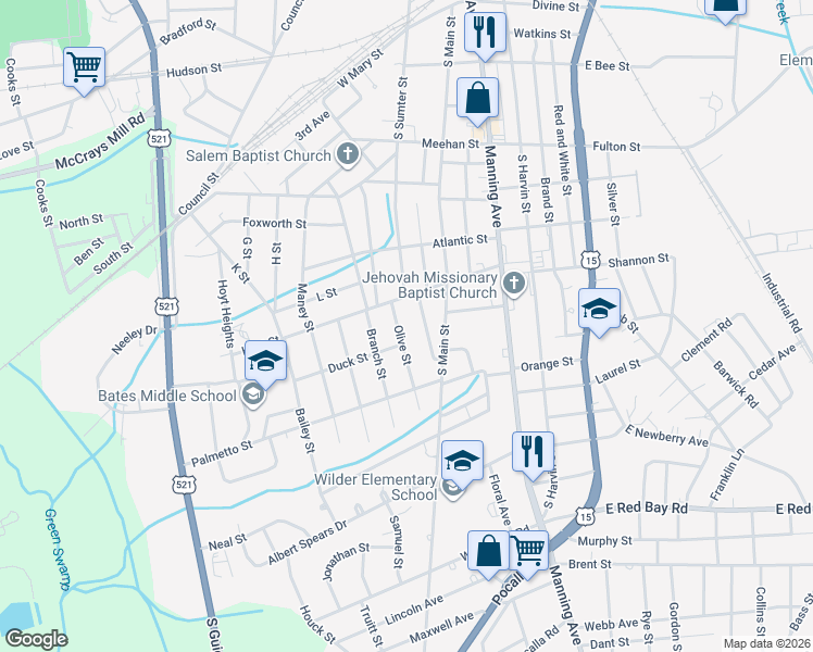 map of restaurants, bars, coffee shops, grocery stores, and more near 713 Olive St in Sumter