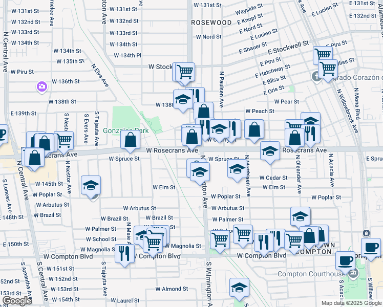 map of restaurants, bars, coffee shops, grocery stores, and more near 808 Rosecrans Avenue in Compton