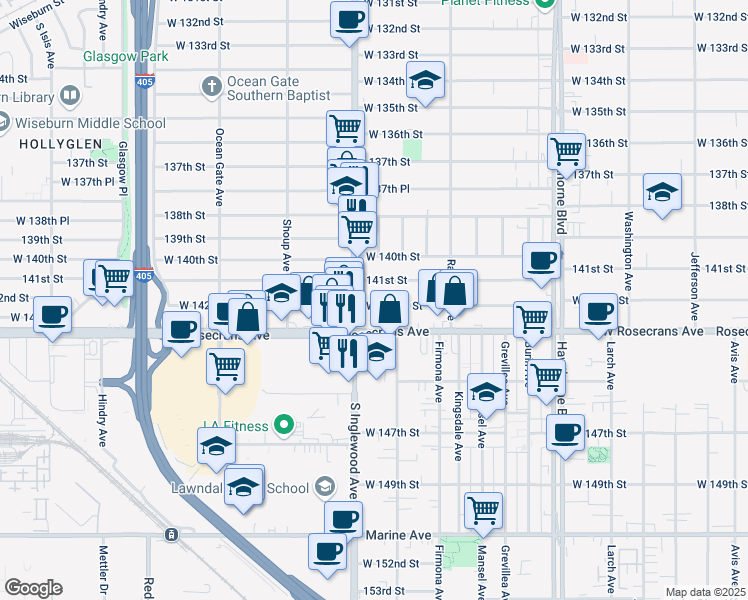 map of restaurants, bars, coffee shops, grocery stores, and more near 4759 West 142nd Street in Hawthorne