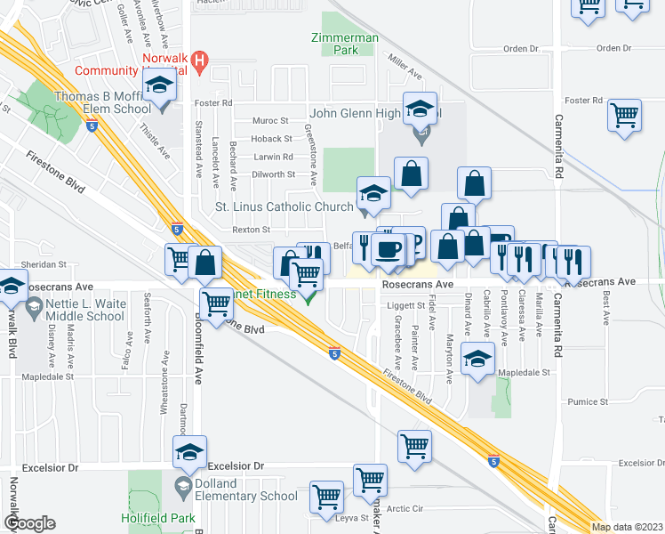 map of restaurants, bars, coffee shops, grocery stores, and more near 14028 Greenstone Avenue in Norwalk