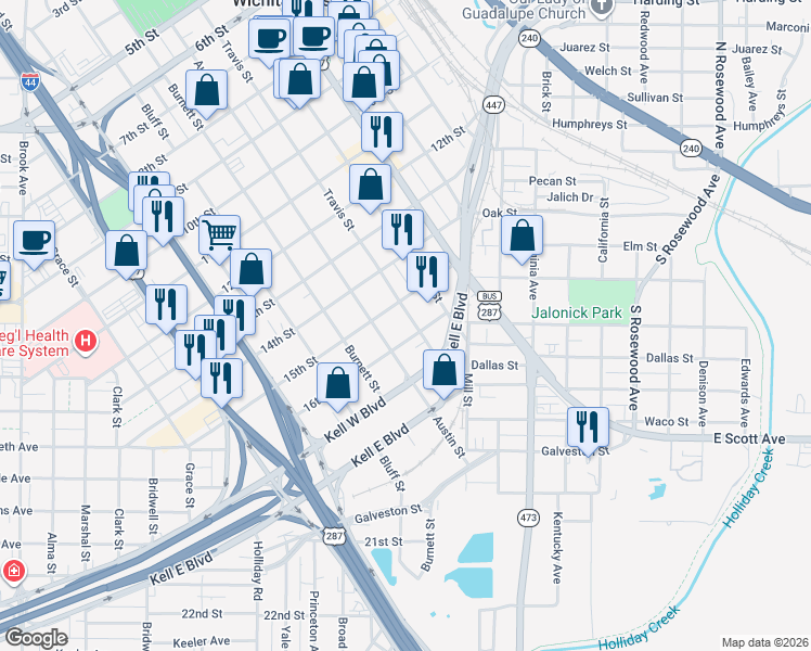 map of restaurants, bars, coffee shops, grocery stores, and more near 1508 Travis Street in Wichita Falls