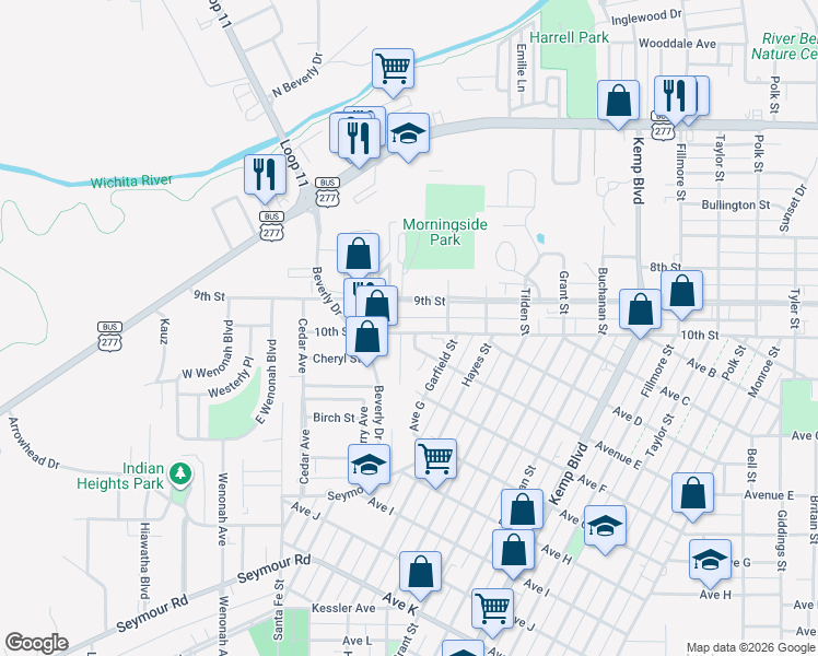 map of restaurants, bars, coffee shops, grocery stores, and more near 3116 10th Street in Wichita Falls