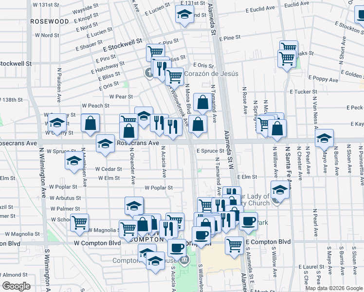 map of restaurants, bars, coffee shops, grocery stores, and more near 124 West Rosecrans Avenue in Compton