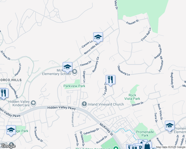 map of restaurants, bars, coffee shops, grocery stores, and more near 1133 Rosemary Circle in Corona