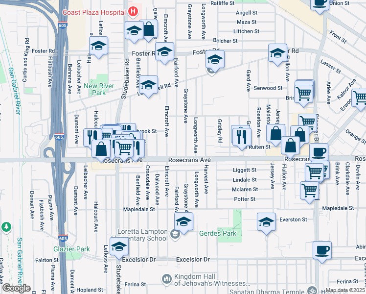 map of restaurants, bars, coffee shops, grocery stores, and more near 14109 Graystone Avenue in Norwalk