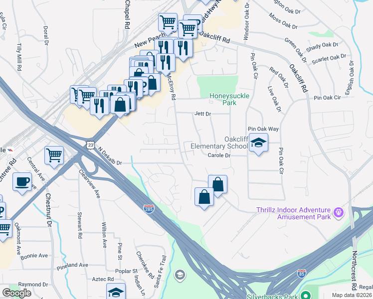 map of restaurants, bars, coffee shops, grocery stores, and more near 3775 Oxford Circle in Atlanta