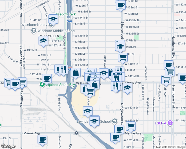 map of restaurants, bars, coffee shops, grocery stores, and more near 5017 West 142nd Street in Hawthorne
