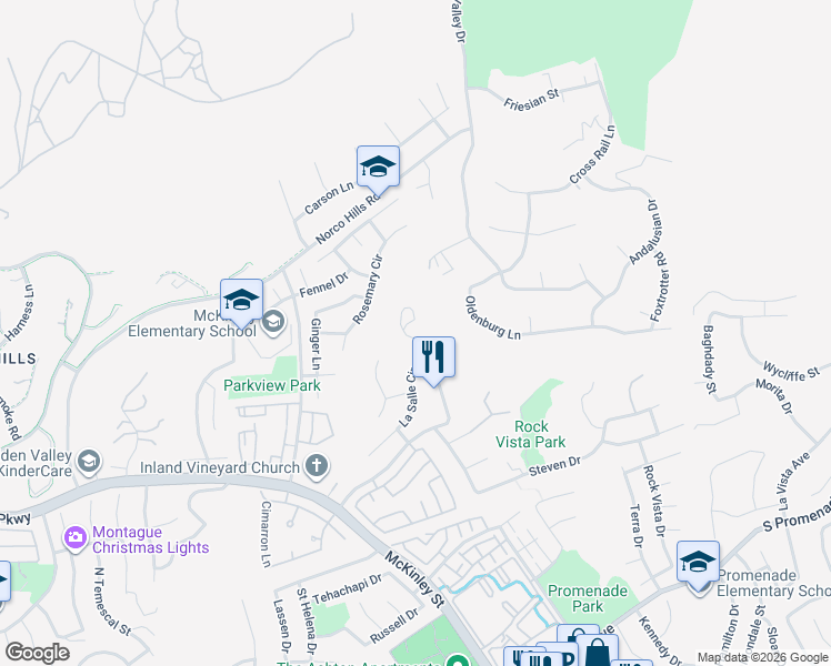 map of restaurants, bars, coffee shops, grocery stores, and more near 1110 La Salle Circle in Corona