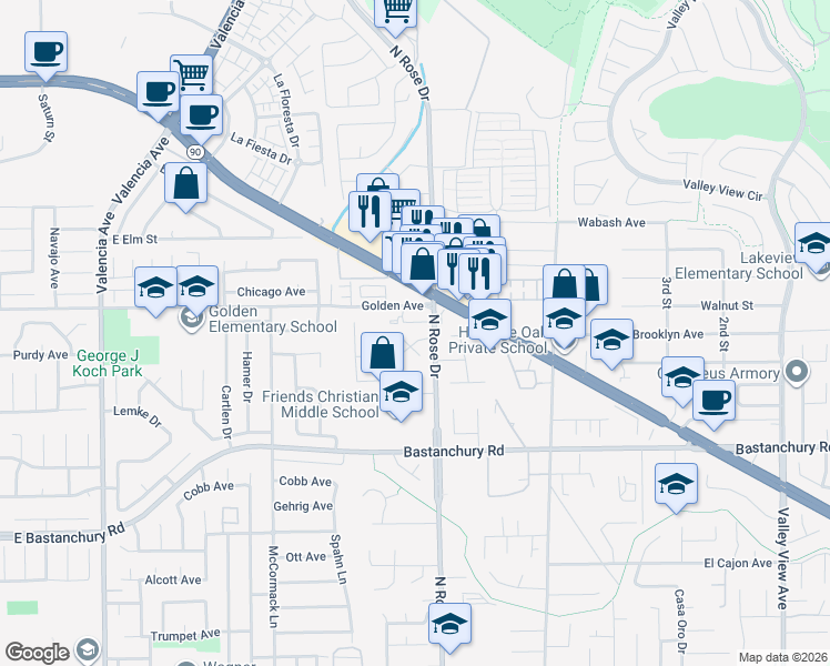 map of restaurants, bars, coffee shops, grocery stores, and more near 16711 Landmark Avenue in Yorba Linda