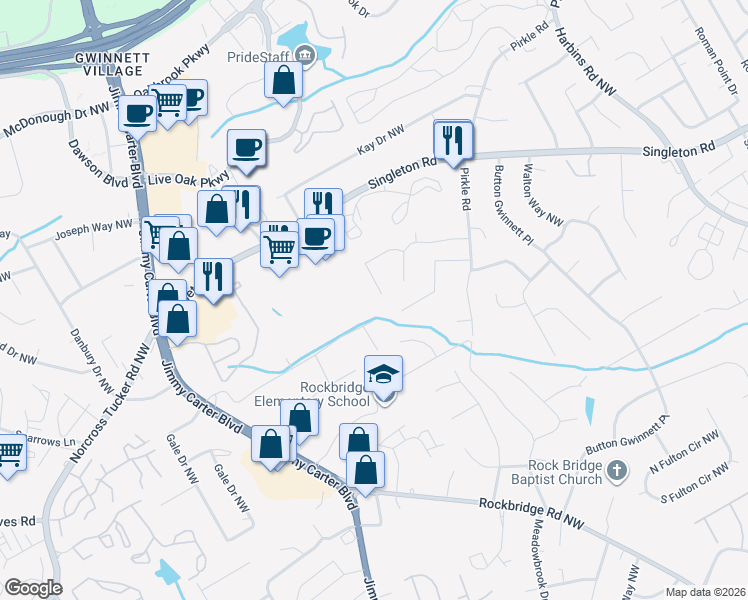 map of restaurants, bars, coffee shops, grocery stores, and more near 1400 Elm Creek Lane Northwest in Norcross