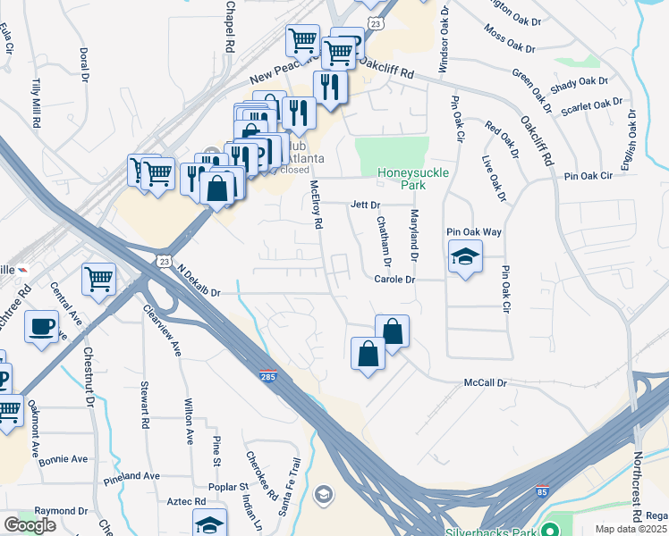 map of restaurants, bars, coffee shops, grocery stores, and more near 3775 Oxford Circle in Atlanta