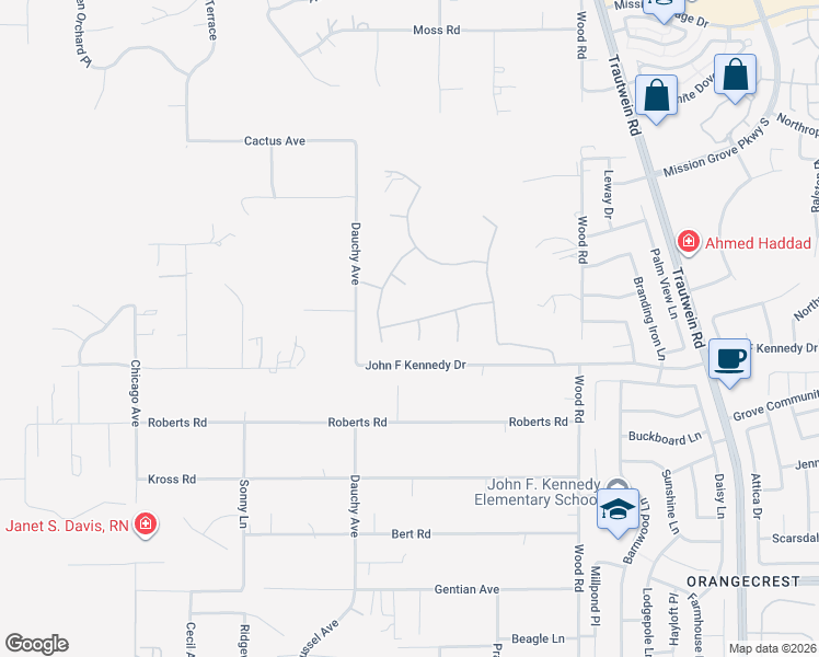 map of restaurants, bars, coffee shops, grocery stores, and more near 8064 Pepita Court in Riverside