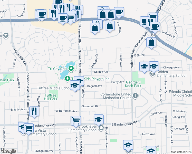 map of restaurants, bars, coffee shops, grocery stores, and more near 314 Koch Avenue in Placentia