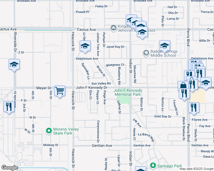 map of restaurants, bars, coffee shops, grocery stores, and more near 24297 Sun Valley Road in Moreno Valley