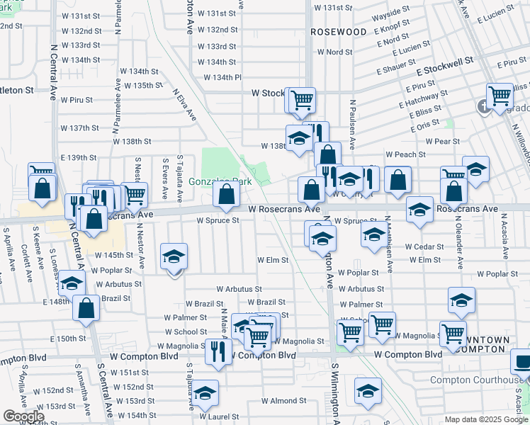 map of restaurants, bars, coffee shops, grocery stores, and more near 1010 North Dwight Avenue in Compton