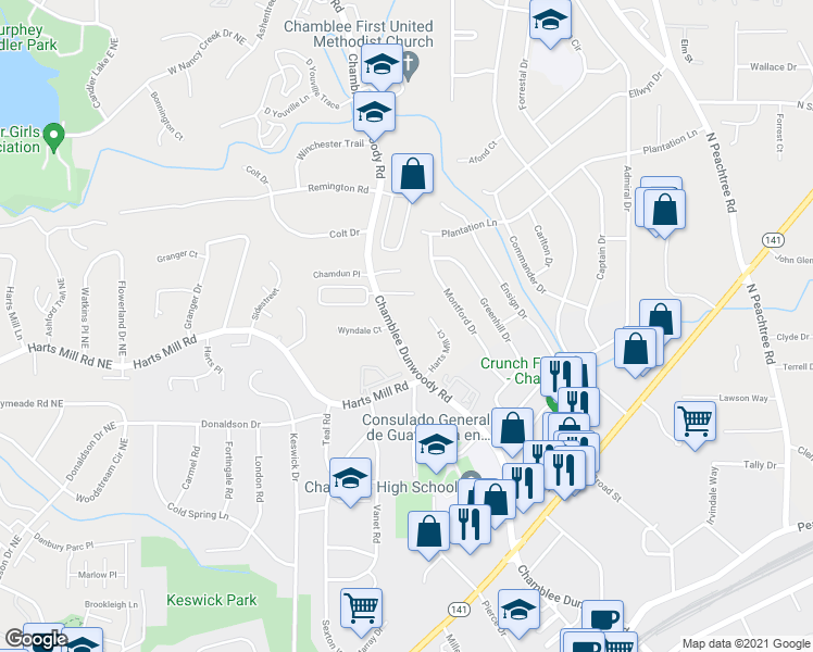 map of restaurants, bars, coffee shops, grocery stores, and more near 3849 Chamblee Dunwoody Road in Chamblee