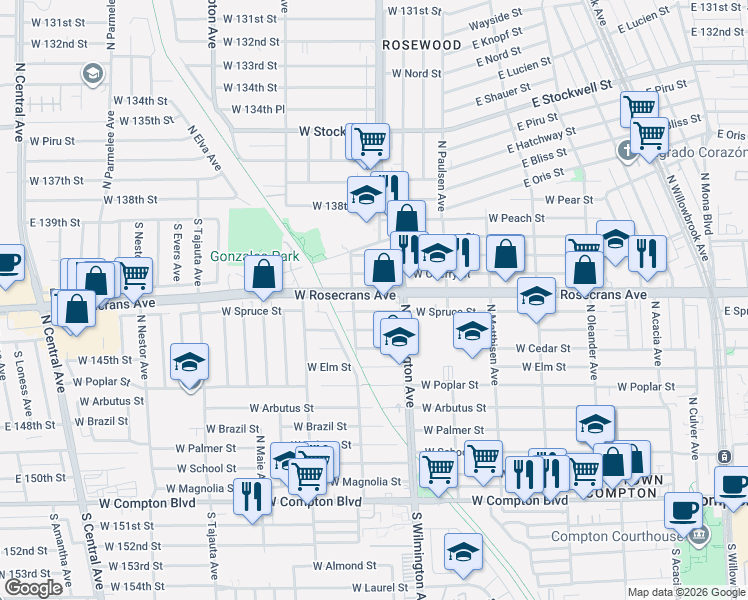 map of restaurants, bars, coffee shops, grocery stores, and more near 810 West Rosecrans Avenue in Compton