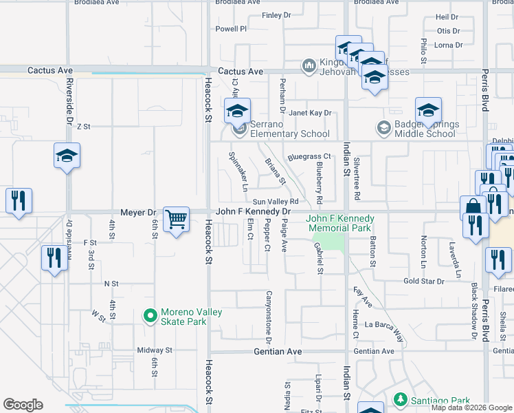 map of restaurants, bars, coffee shops, grocery stores, and more near 24179 Sun Valley Road in Moreno Valley