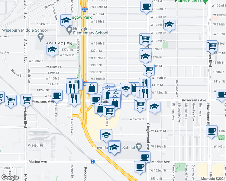 map of restaurants, bars, coffee shops, grocery stores, and more near 5017 West 142nd Street in Hawthorne