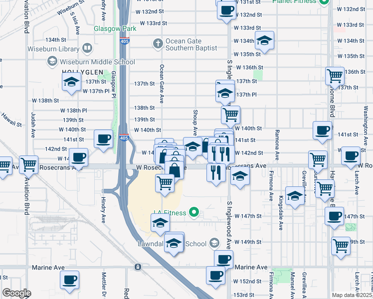 map of restaurants, bars, coffee shops, grocery stores, and more near 4923 West 142nd Street in Hawthorne