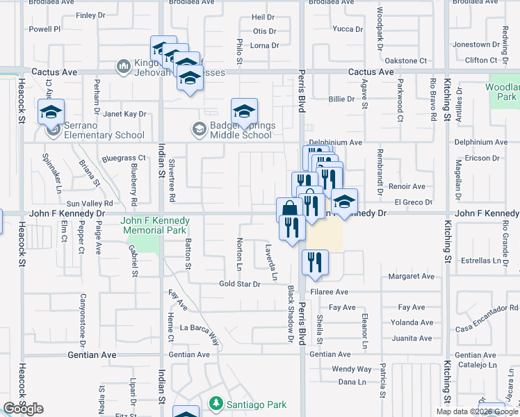 map of restaurants, bars, coffee shops, grocery stores, and more near 24853 Castlebrook Avenue in Moreno Valley