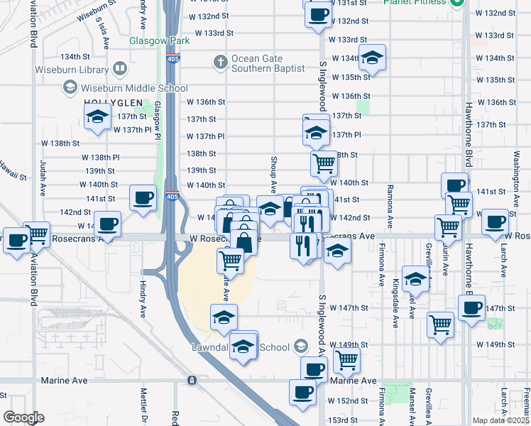 map of restaurants, bars, coffee shops, grocery stores, and more near 4923 West 142nd Street in Hawthorne