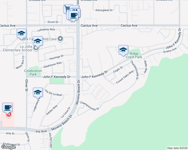 map of restaurants, bars, coffee shops, grocery stores, and more near 14964 Stephenson Street in Moreno Valley