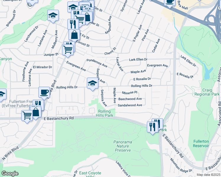 map of restaurants, bars, coffee shops, grocery stores, and more near 2841 Maple Avenue in Fullerton