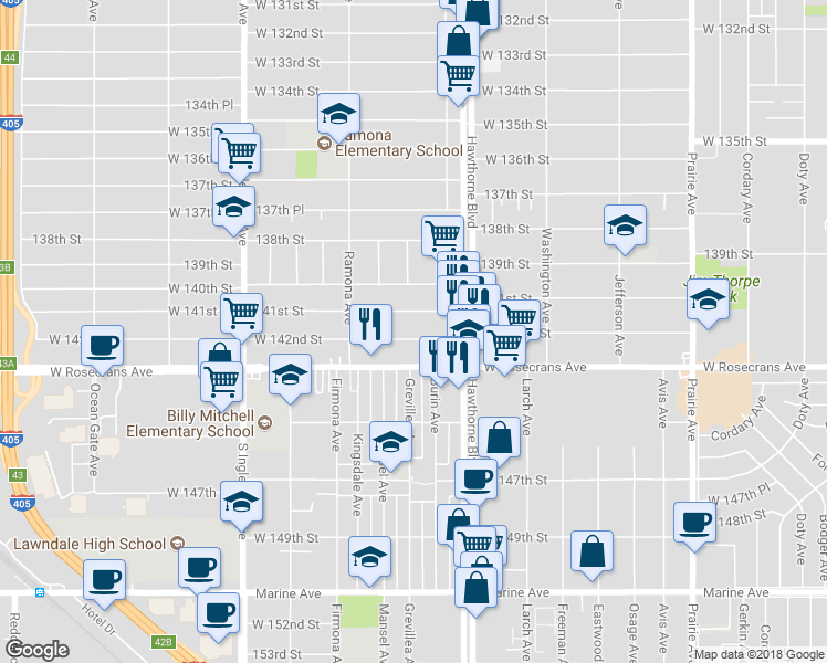 map of restaurants, bars, coffee shops, grocery stores, and more near 4485 West 142nd Street in Hawthorne