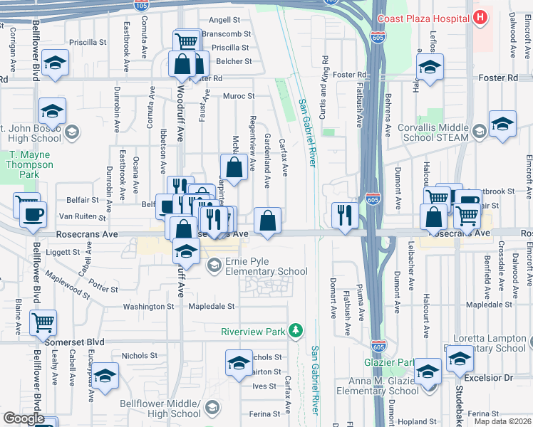 map of restaurants, bars, coffee shops, grocery stores, and more near 10420 Van Ruiten Street in Bellflower