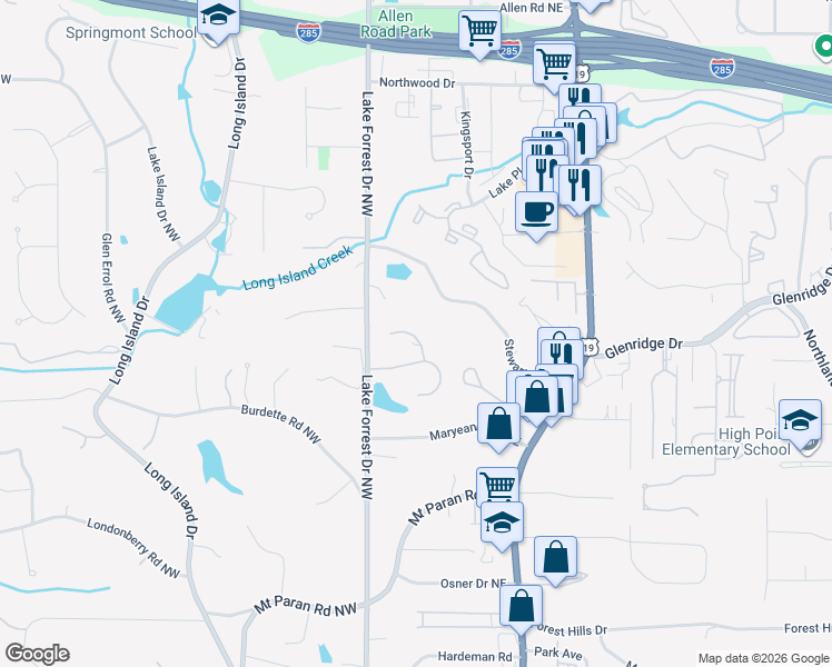 map of restaurants, bars, coffee shops, grocery stores, and more near 240 Lake Summit View in Atlanta