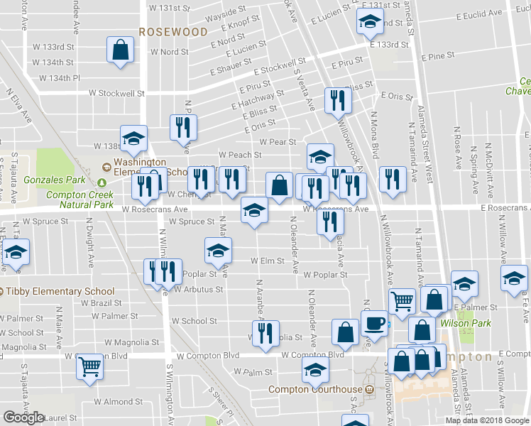 map of restaurants, bars, coffee shops, grocery stores, and more near 440 West Rosecrans Avenue in Compton