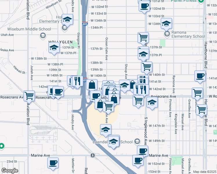 map of restaurants, bars, coffee shops, grocery stores, and more near 14120 Ocean Gate Avenue in Hawthorne