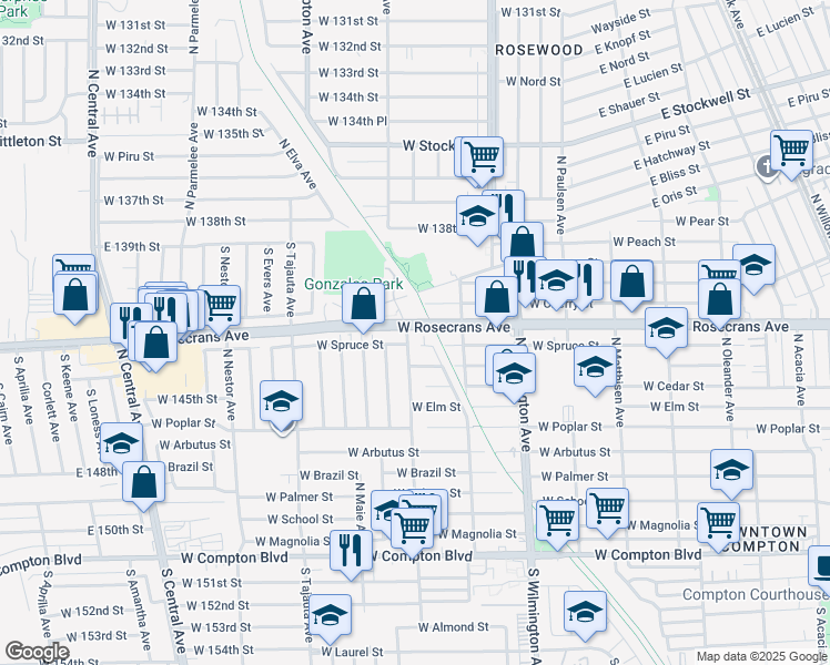 map of restaurants, bars, coffee shops, grocery stores, and more near 1010 N Dwight Ave in Compton