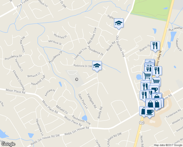 map of restaurants, bars, coffee shops, grocery stores, and more near 1521 Laurelhill Drive Southwest in Lawrenceville
