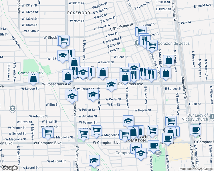 map of restaurants, bars, coffee shops, grocery stores, and more near 512 Rosecrans Avenue in Compton