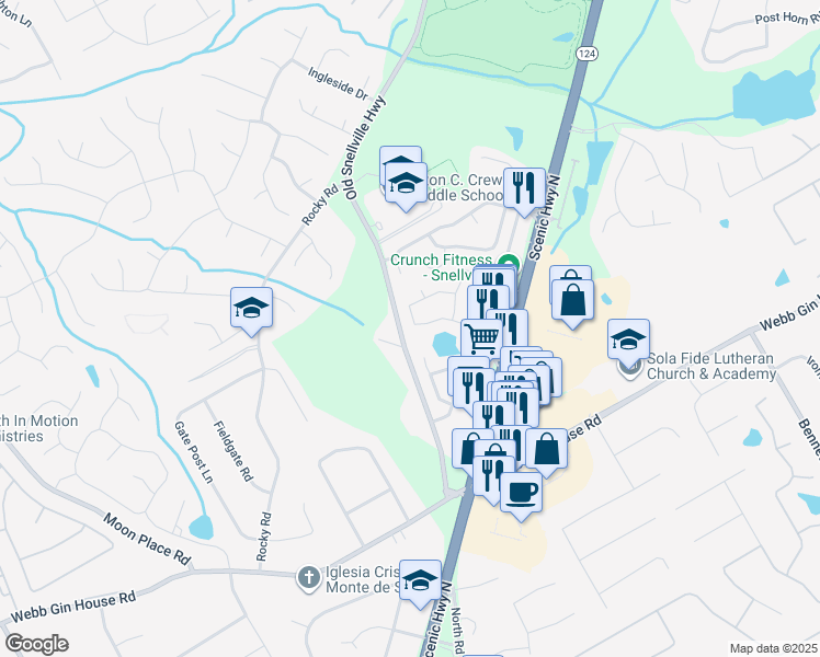map of restaurants, bars, coffee shops, grocery stores, and more near 1654 Overview Circle Southwest in Lawrenceville