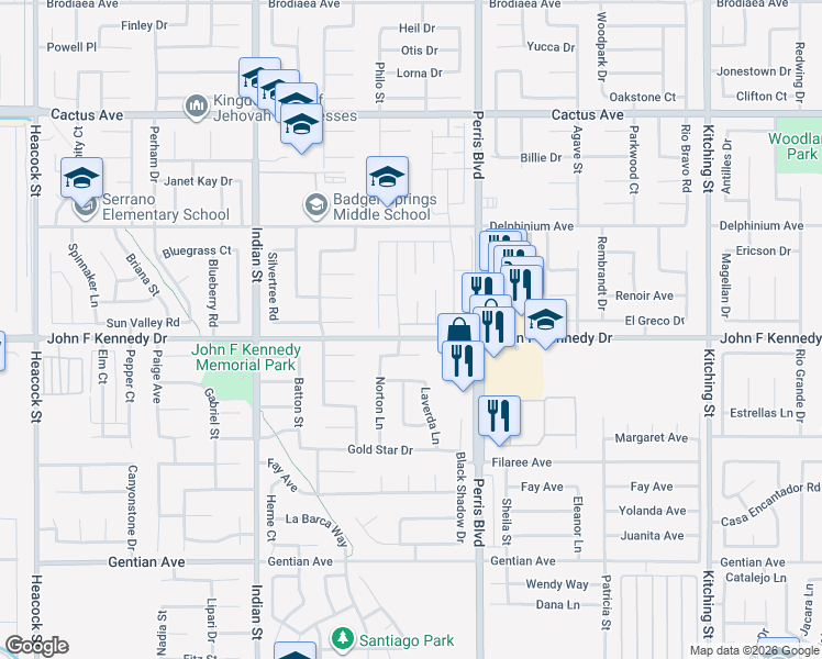 map of restaurants, bars, coffee shops, grocery stores, and more near 24853 Castlebrook Avenue in Moreno Valley