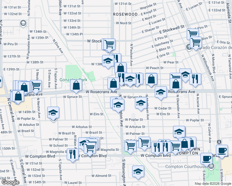 map of restaurants, bars, coffee shops, grocery stores, and more near 810 West Rosecrans Avenue in Compton