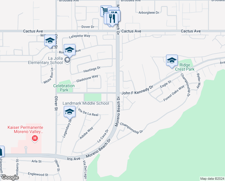 map of restaurants, bars, coffee shops, grocery stores, and more near 27946 John F Kennedy Drive in Moreno Valley