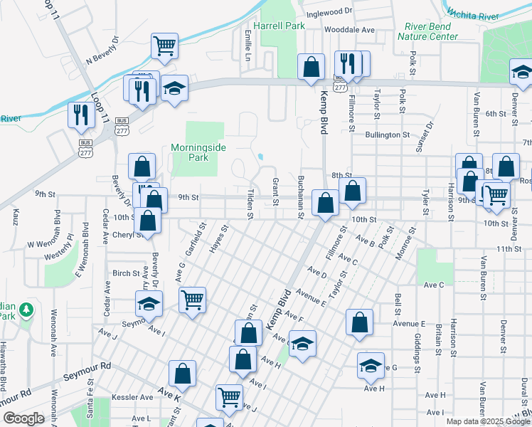 map of restaurants, bars, coffee shops, grocery stores, and more near 906 Grant Street in Wichita Falls