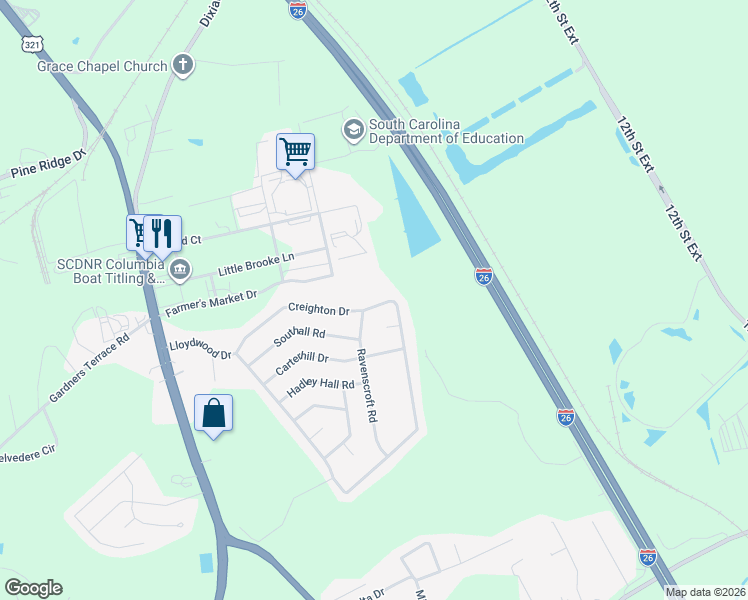 map of restaurants, bars, coffee shops, grocery stores, and more near 351 Creighton Drive in West Columbia