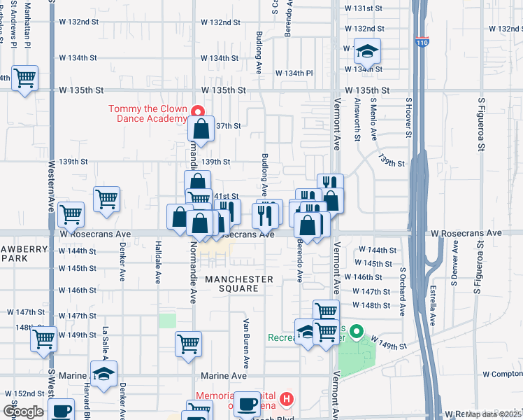 map of restaurants, bars, coffee shops, grocery stores, and more near 1201 West 141st Place in Gardena