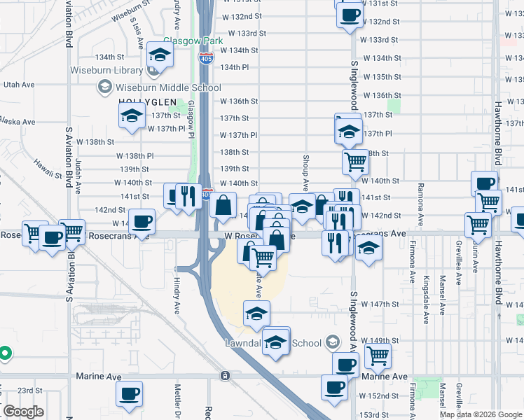 map of restaurants, bars, coffee shops, grocery stores, and more near 14120 Ocean Gate Avenue in Hawthorne