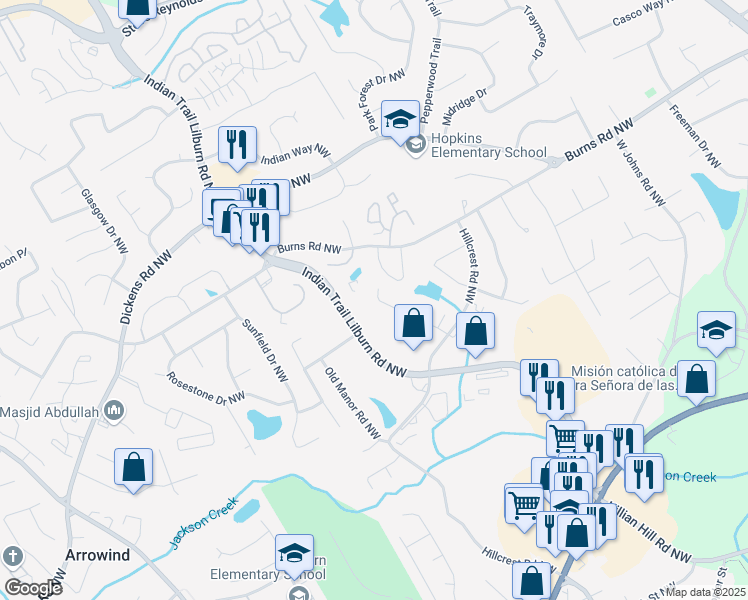 map of restaurants, bars, coffee shops, grocery stores, and more near 876 Indian Lake Drive Northwest in Lilburn