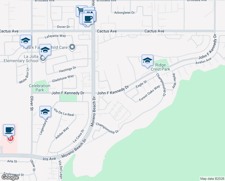 map of restaurants, bars, coffee shops, grocery stores, and more near 14964 Stephenson Street in Moreno Valley