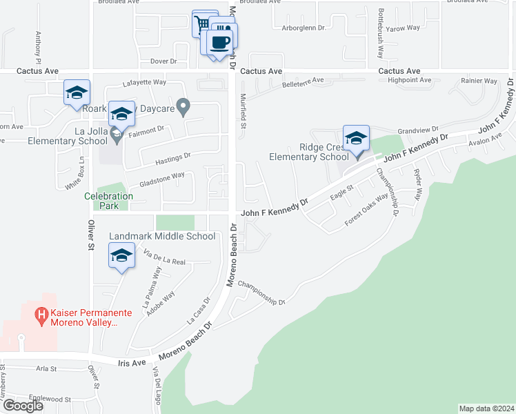 map of restaurants, bars, coffee shops, grocery stores, and more near 28063 Stonegate Ct in Moreno Valley