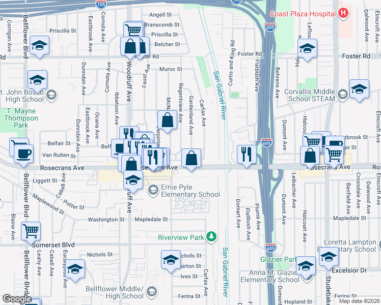 map of restaurants, bars, coffee shops, grocery stores, and more near 10420 Van Ruiten Street in Bellflower
