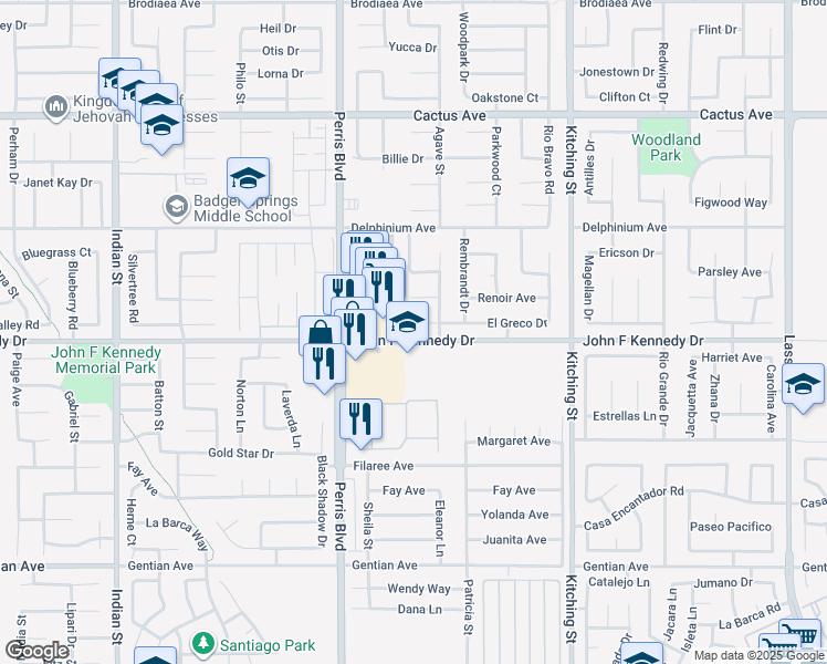 map of restaurants, bars, coffee shops, grocery stores, and more near 25179 El Greco Drive in Moreno Valley