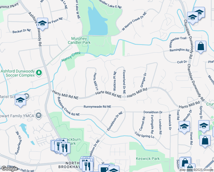 map of restaurants, bars, coffee shops, grocery stores, and more near 3785 Ashford Trail Northeast in Atlanta